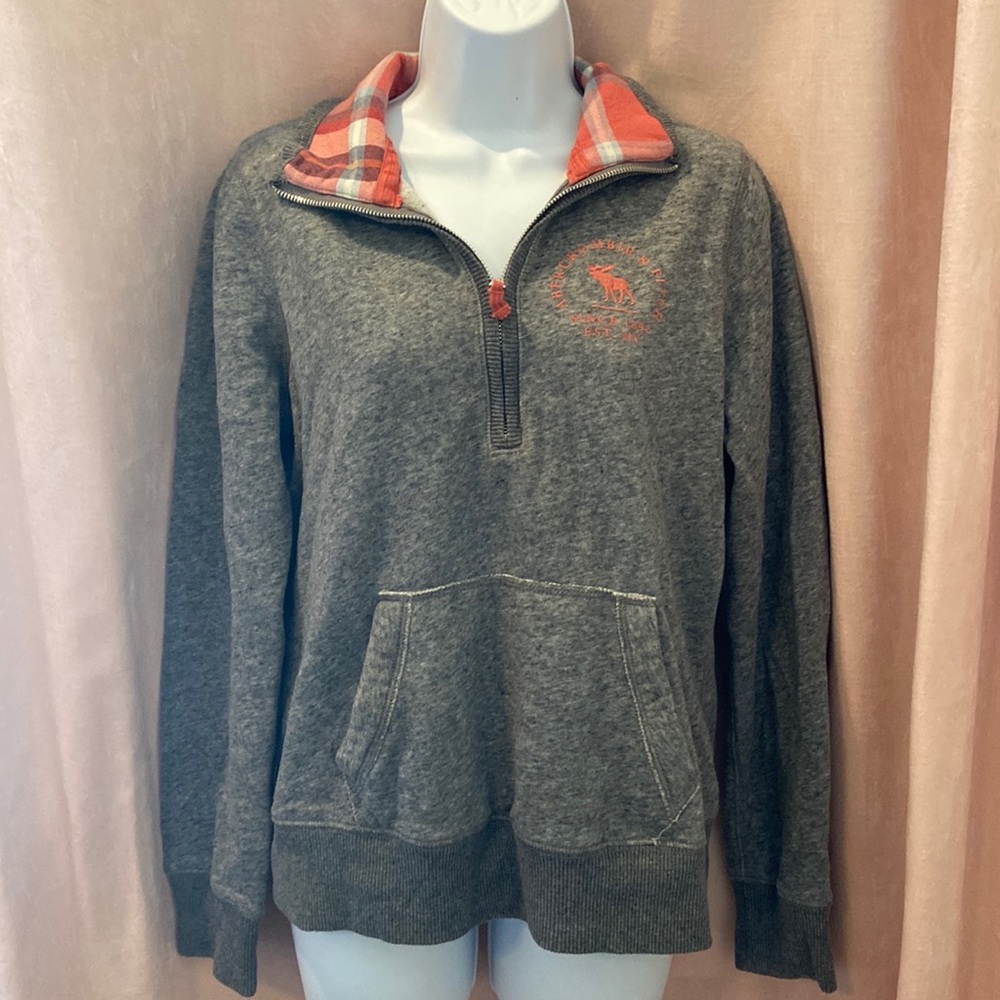 Abercrombie and Fitch Quarter Zip Grey with Pink plaid collar Size Large